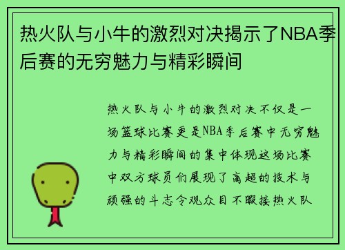 热火队与小牛的激烈对决揭示了NBA季后赛的无穷魅力与精彩瞬间